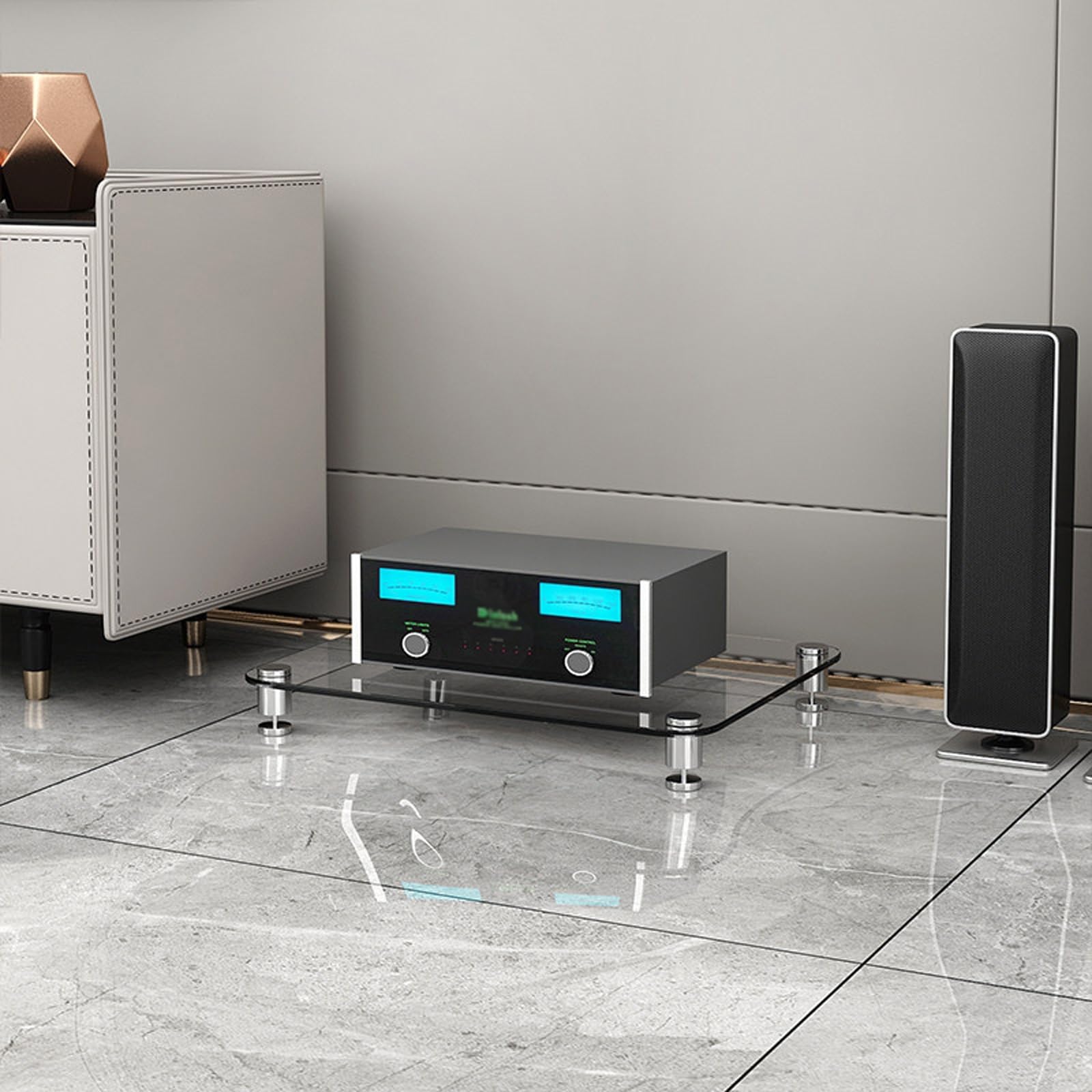 Support multimédia stéréo avec étagères en verre trempé et tour de rack audio à 4 niveaux