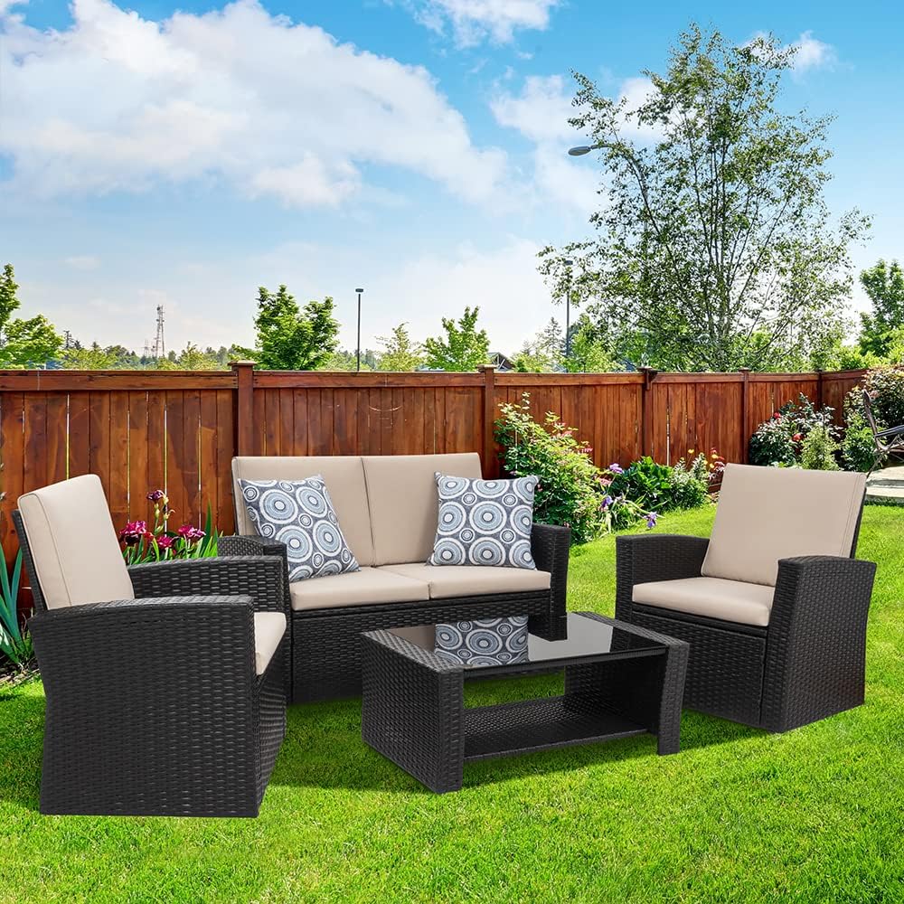 Shintenchi 4-Piece Outdoor Patio Furniture Set, Wicker Rattan Sectional Sofa Couch with Glass Coffee Table | Black : Patio, Lawn & Garden