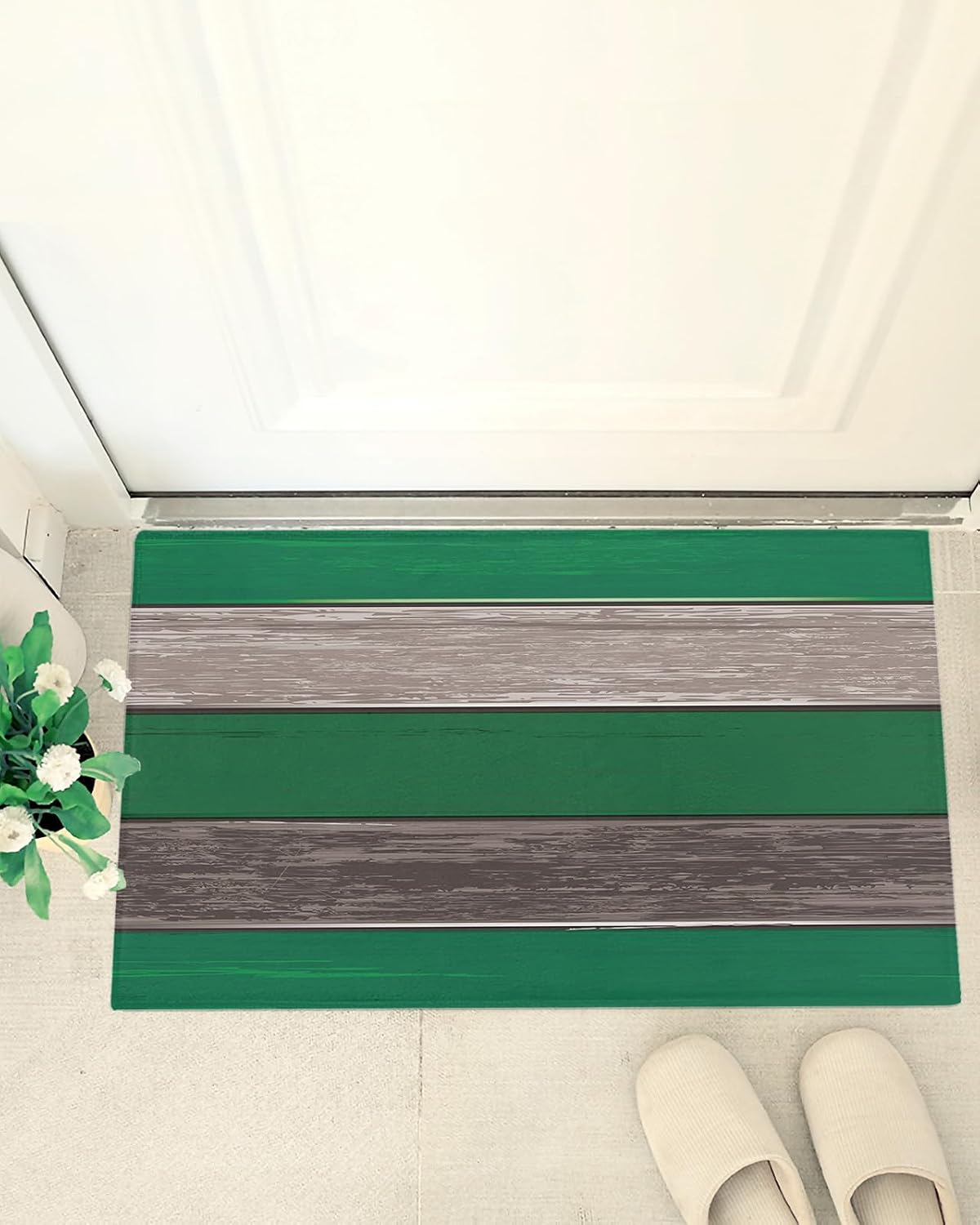 Farm Wood Plank Plush Shag Bath Rugs Green Grey Colored Wooden Soft Fluffy Floor Doormat Carpet,Non-Slip Door Mats for Living Room Bedroom Kitchen Entryway Country Style