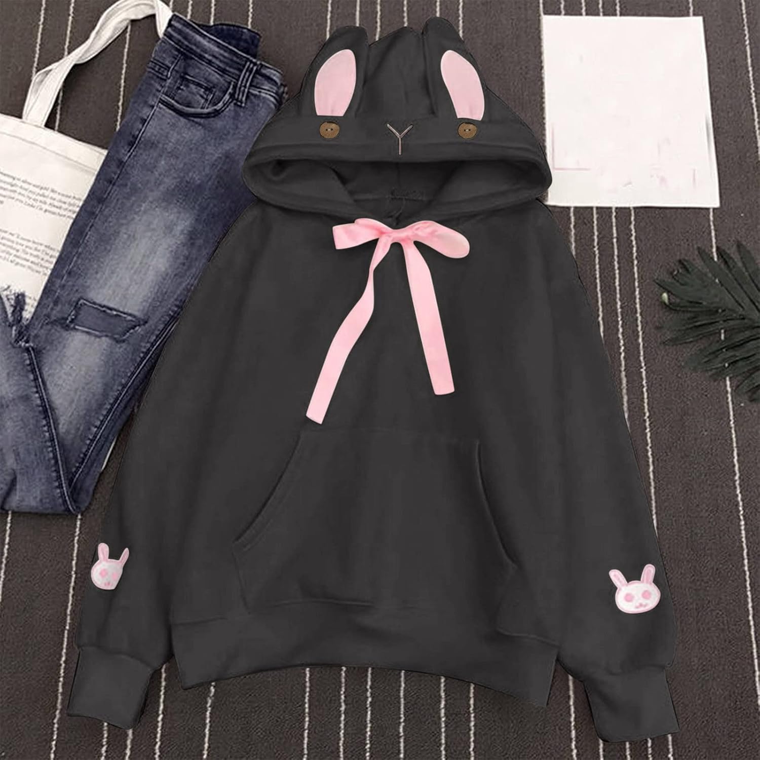 Women's Hoodie Cute Soft Rabbit Bunny Ears Pullover Solid Color Emo Long Sleeve Sweatshirt