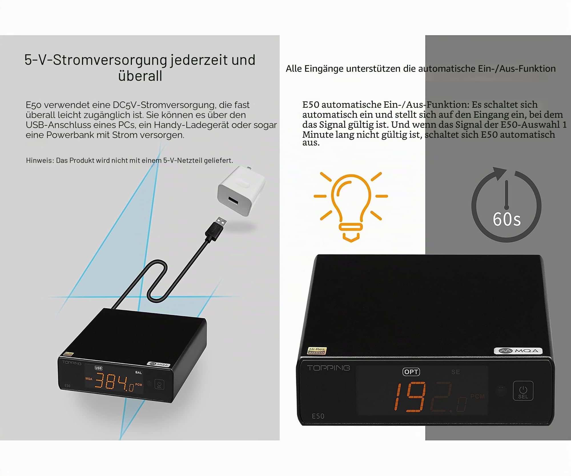 Topping E50 Mini HiFi DAC ES9068AS DSD512 PCM768kHz USB DAC USB/Koax/Opt Eingänge RCA/TRS Ausgänge Decoder für Heimkino Spielmusik Silber
