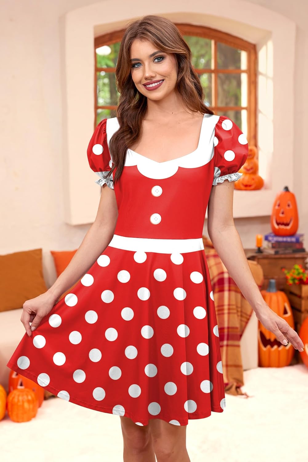 Womens Halloween Flatter Ruffled Cuffs Tunic Dress Cosplay Mini Party Holiday Aline Costume Polka Red XL - Image 5