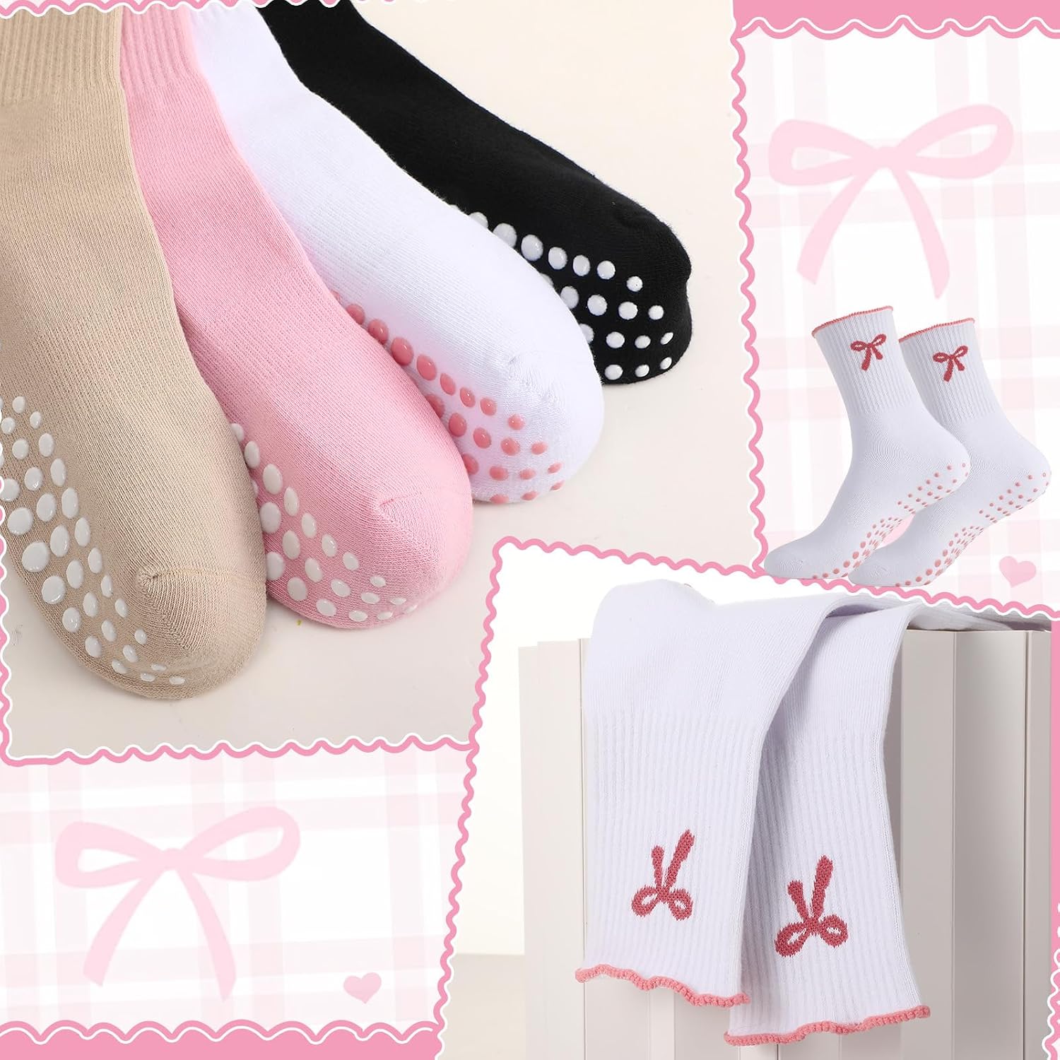 4 Pairs Cute Pilates Grip Socks Women Cute Non Slip Ruffle Crew Yoga Socks with Bow