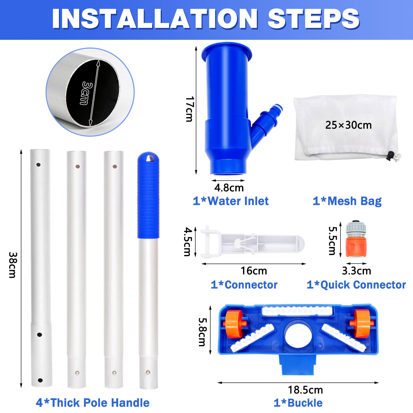 147cm Poolsauger Bodensauger, Pool Sauger Boden Pool Reinigungsset mit Bürste, 4 Abnehmbare Verstärkung Aluminiumstange, Pool Staubsauger Boden, Pool Bodensauger Set, Poolreiniger Bodensauger