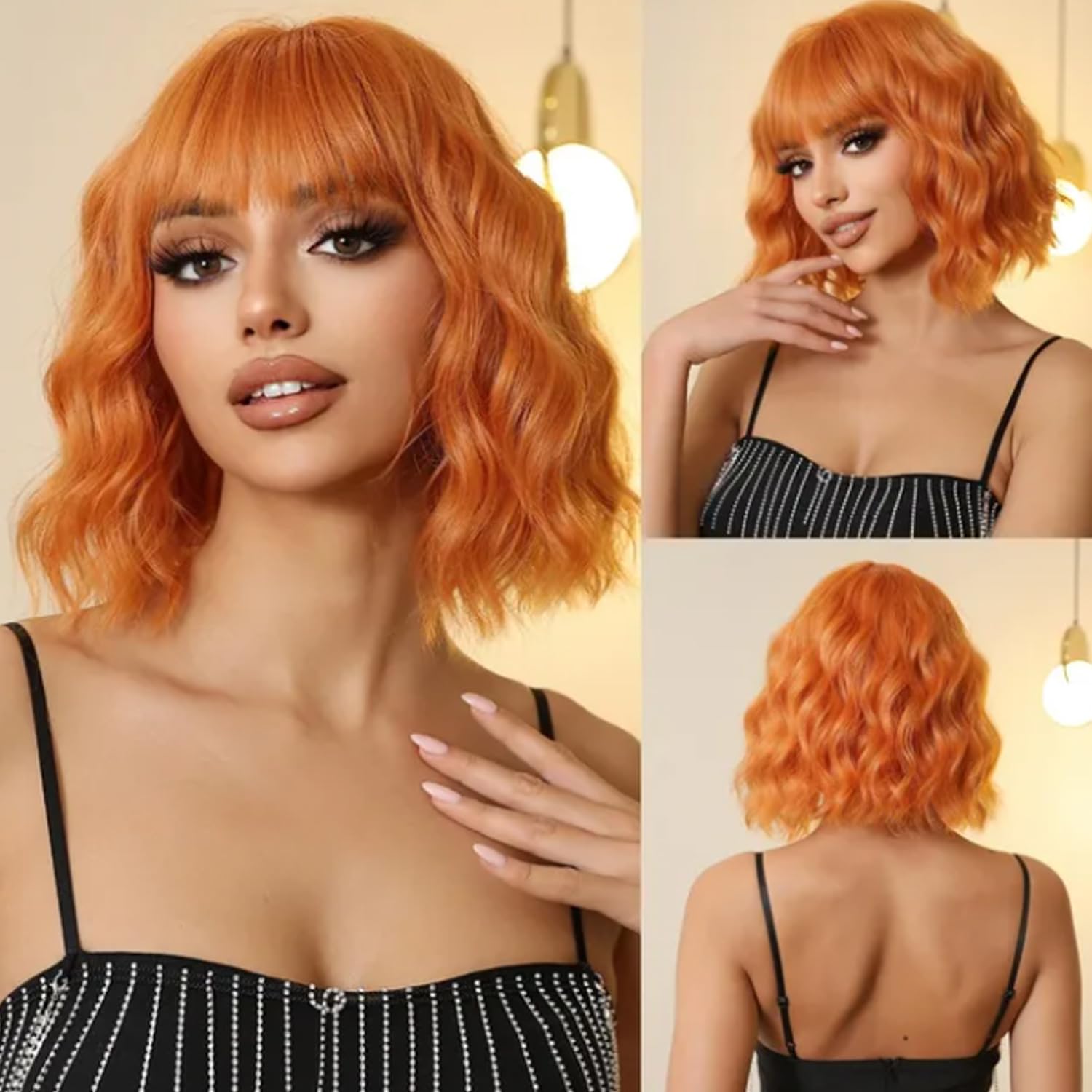 incohair 12 Inches Orange Wig Short Curly Wavy Bob Wig with Bangs Synthetic Halloween Party Wigs Wig Cap Included (Orange)