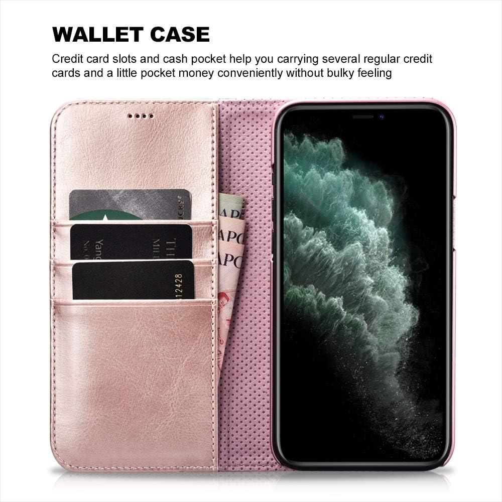 ICARERCASE Compatible for iPhone 12 &iPhone 12 pro Case Wallet, Premium PU Leather [Magnetic Closure] Flip Cover with Kickstand and Card Slots for 2020 Model(Rose Gold)