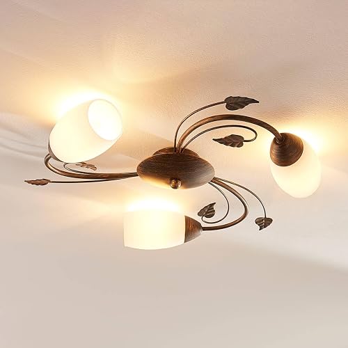 Lindby Plafonnier Stefania à intensité variable (Antique, Classic) en Marron Verre e. a. pour Salon & Salle manger (à 3 lampes E14) Luminaire Lampe Plafond Eclerage - 2