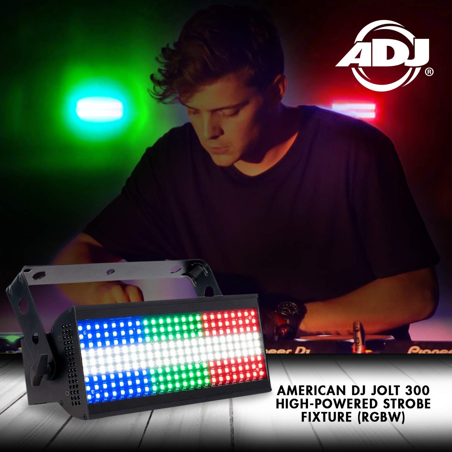 American DJ Jolt 300 - Lámpara estroboscópica de alta potencia para escenario (RGBW) + American DJ O-Clamp 1.5 para 1.5 o 2" Truss & Fibertique paño de limpieza de microfibra