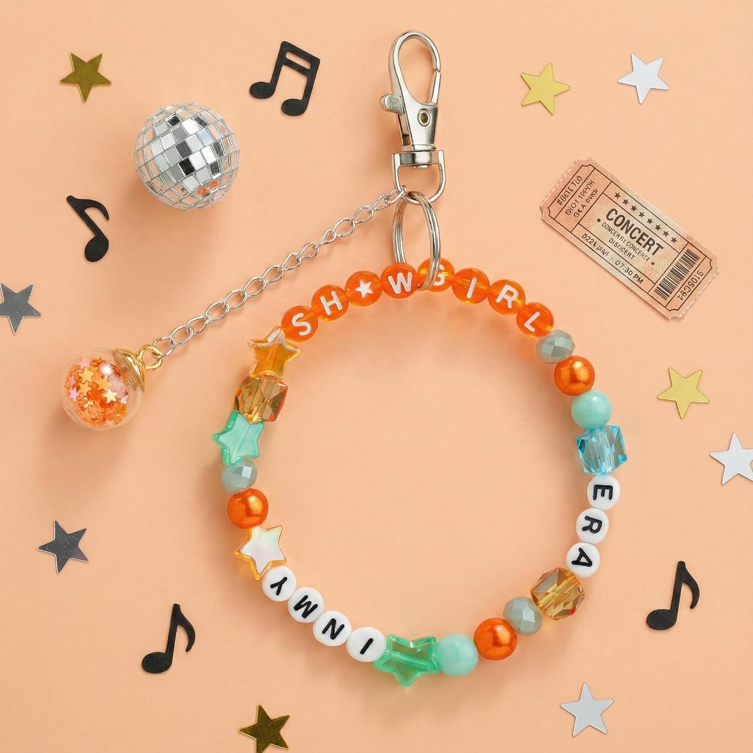 Coral Orange and Turquoise Blue Friendship Keychain Charm Bag, Beaded Stretch Keyring for Friends, Family, Elastic Layering Boho Jewelry, Christmas Easter Holiday Birthday Gifts image 4