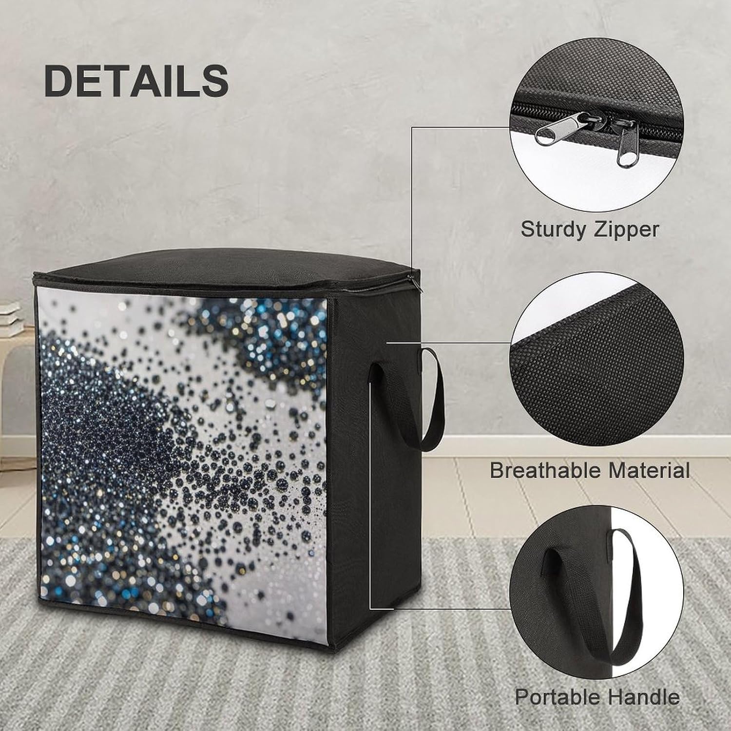 Black Glitter Comforter Storage Bag Moving Bag | Clothes Storage Bins-70L,Moving Bag With Dual Handles For Easy Carrying, Zipper Design Durability for Home,Bedroom,Closet