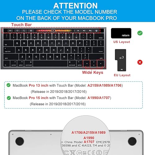 Miniatura 2 de CaseBuy MacBook Pro 13 pulgadas teclado atajos para 2019 2018 2017 2016 MacBook Pro 13" 15" con Touch Bar Modelo A2159 A1989 A1706 A1990 A1707 MAC