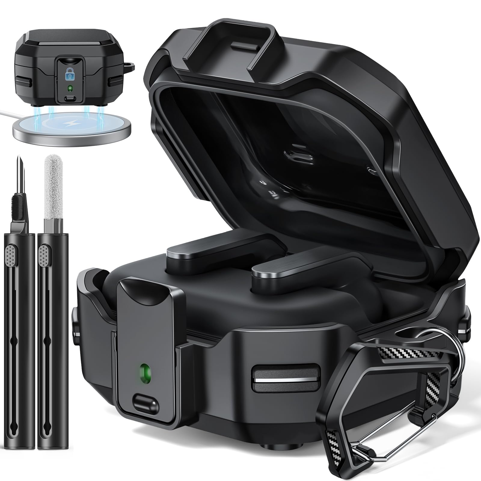 Funda Compatible con Samsung Galaxy Buds 4 Pro/Buds 4 (Negro) | Case con Cierre de seguridad, Diseño de fibra de carbono, Incluye kit de limpieza y mosquetón