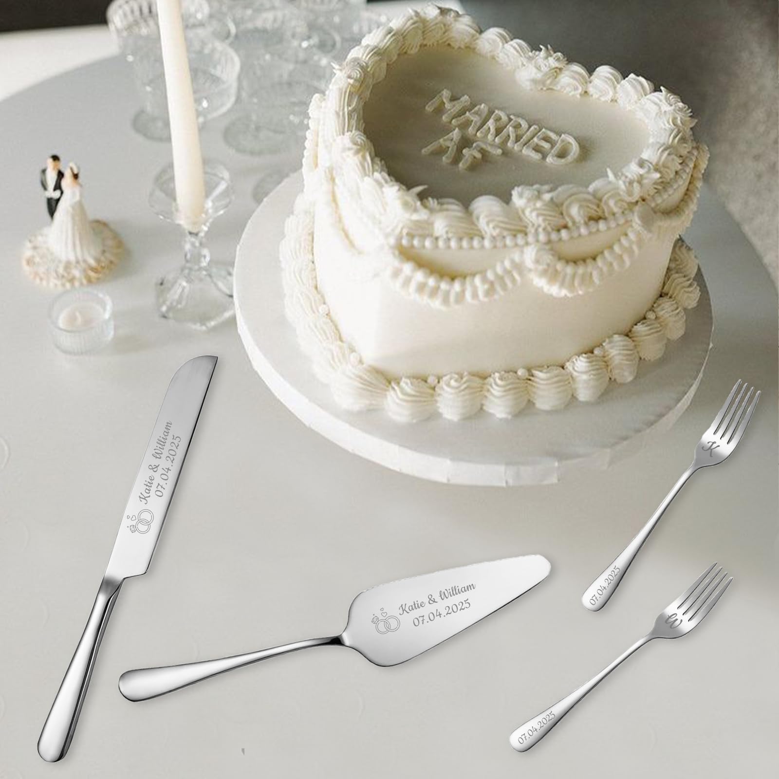 HJX Personalized Cake Knife and Server Set for Wedding - Engraved Stainless Steel Cake Cutting Set, Custom Elegant Cake Cutter Gift for Anniversary Birthday (06-4PC set)