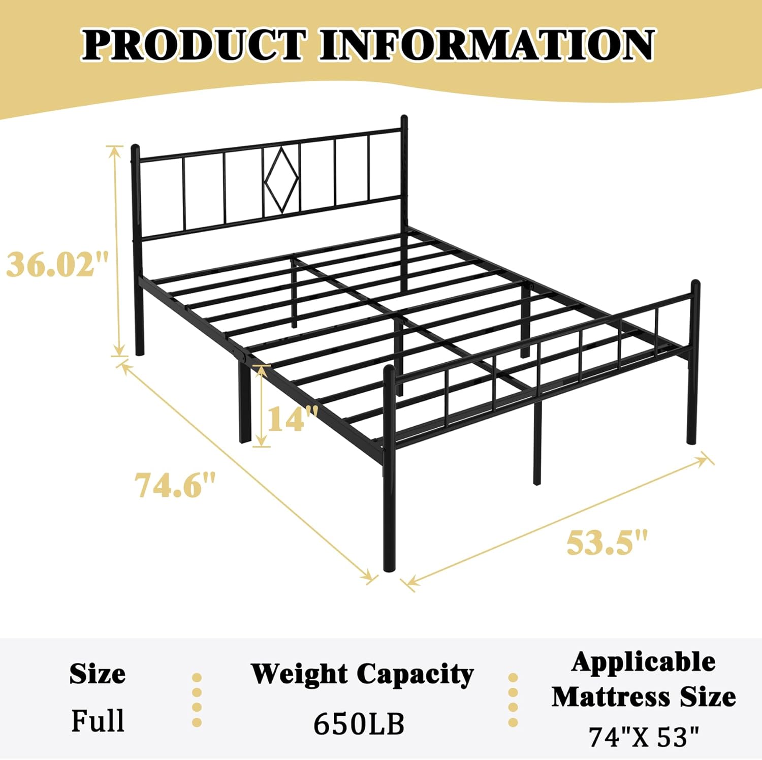 Full Size Bed with Headboard and Footboard - No Box Spring Needed - Heavy Duty Platform, 14 in, 650 lbs - Easy to Assemble, Non-Slip, Noise Free - Black Metal