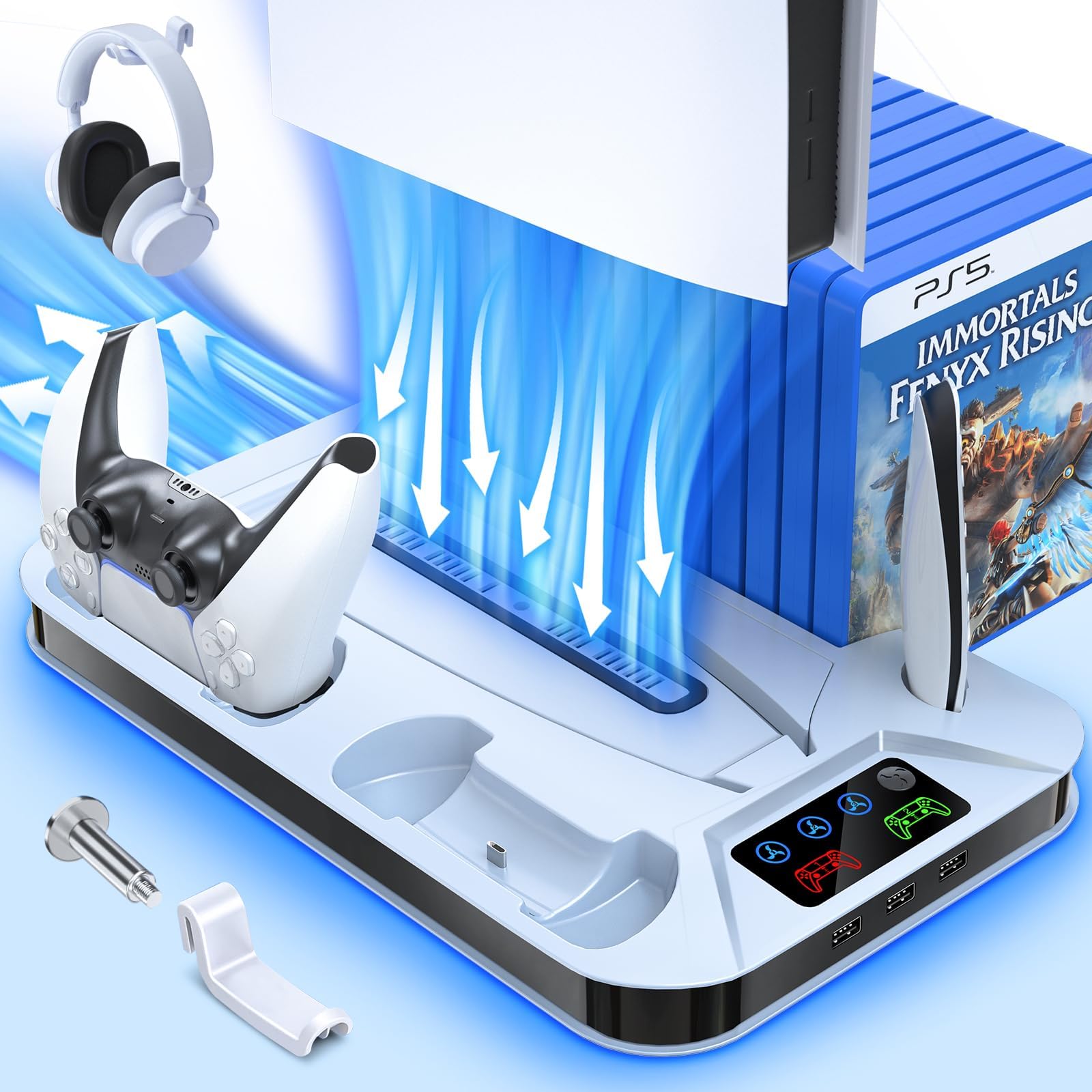 Cooling Station with Dual Controller Charging Station for PS5, Upgraded Accessories Vertical for PS5 Stand, 3-Levels Cooling Fan, 3 USB Hub and Headset Holder for Playstation 5 Disc/Digital Edition