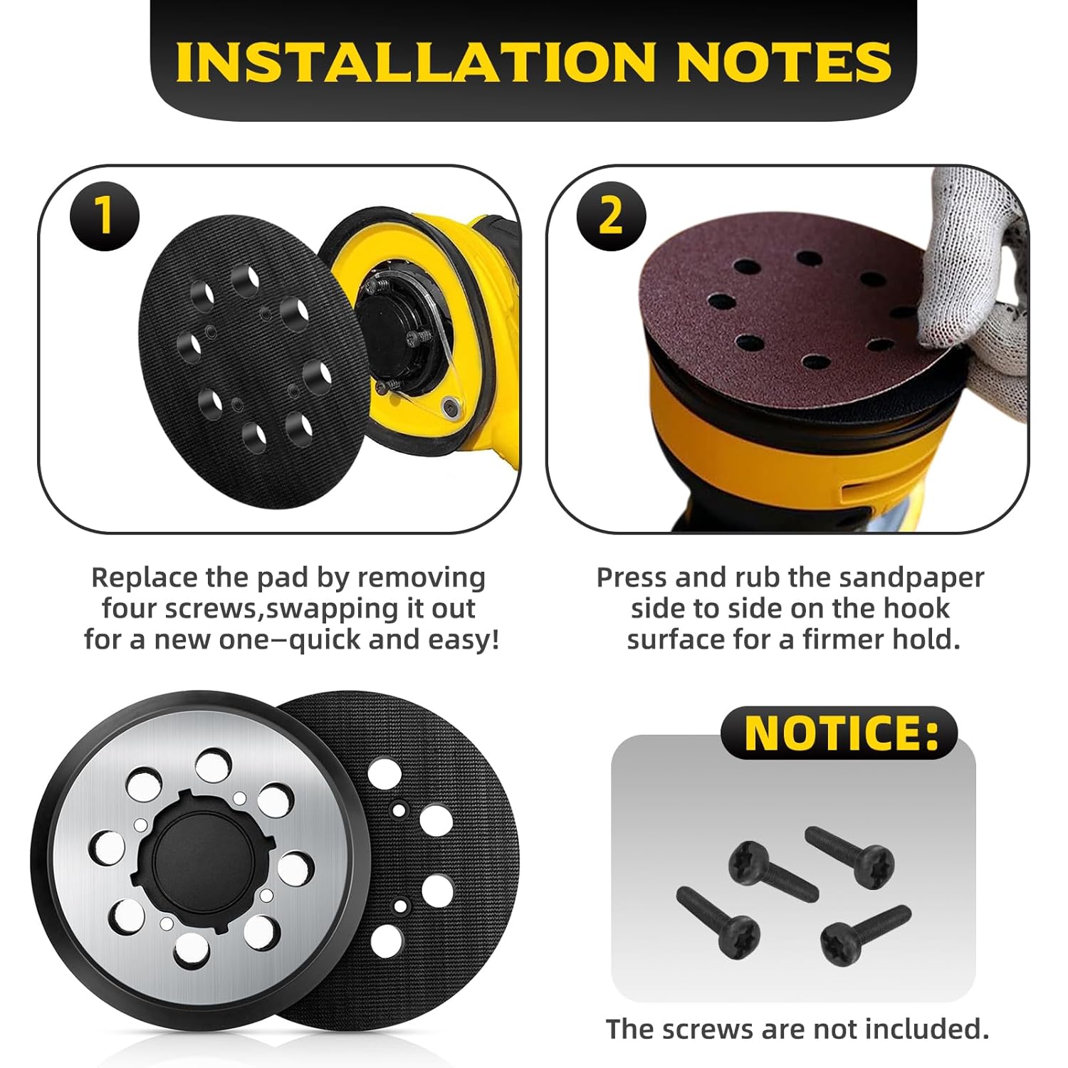 4 Pack 5 Inch 8 Hole Hook and Loop Orbital Sander Backing Pads, Compatible with DEWALT Random Orbital Sanders, Replacement Parts DWE64233 & N329079, Aluminum Oxide, Rubber