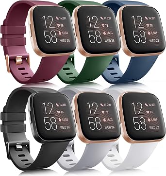 6 Pack Sport Bands Compatible with Fitbit Versa, Classic Soft Silicone Replacement Wristbands for Fitbit Smart Watch Women Men 6 Pack D, Small