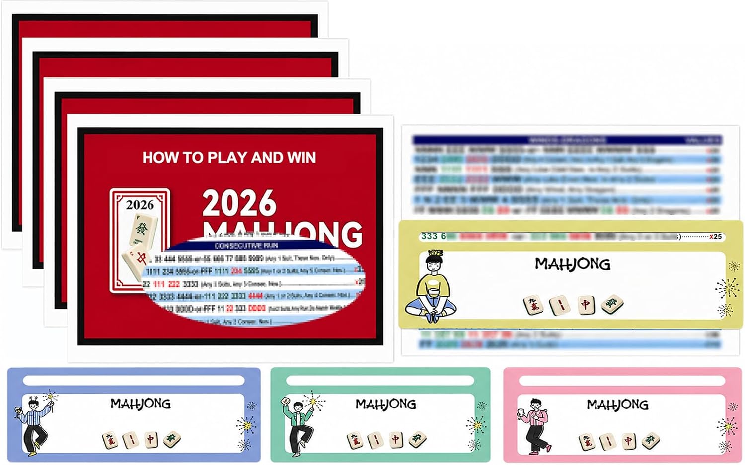 Futhy for Mahjong Cards 2026 4-Pack with Mahjong Line Reader 4-Pack | Large-print, waterproof, wipe-clean, color-banded design helps players follow hands