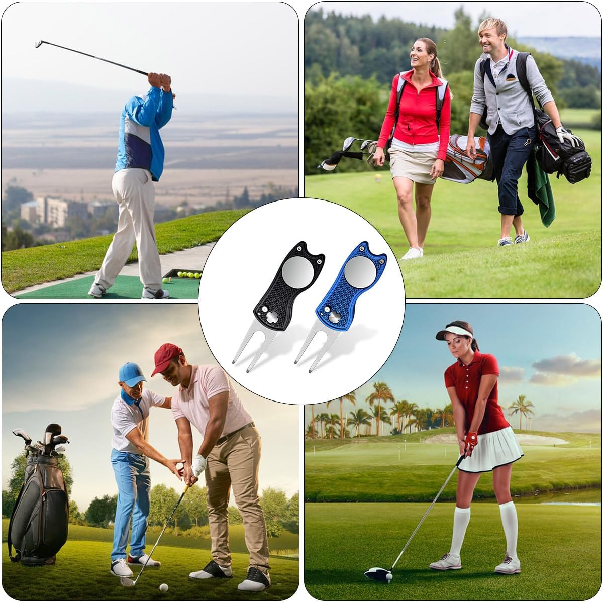 2 Pack Golf Divot Repair Tool, Metal Foldable Golf Repair Kit with Magnetic Putt Alignment Ball Marker & Pop-up Button Ball Marker, Stainless Steel Ball Marker Switchblade for Golfers (Black & Blue) image 5