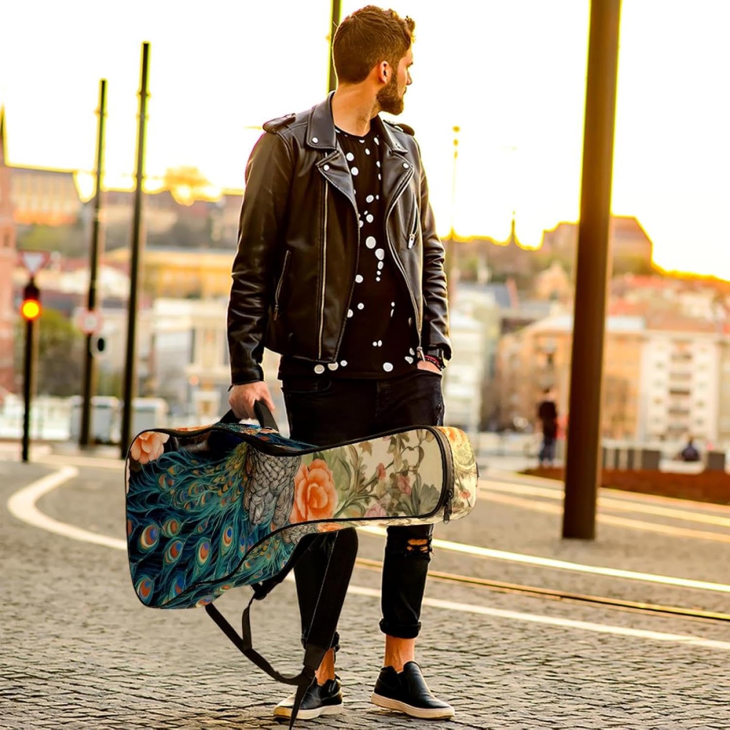 Acoustic Guitar Bag 0.4 Inch Thick Padding Waterproof Guitar Case Gig Bag for 40 41 42 Inch Electric Bass Classical Guitar, Art Retro Peacock Flower Floral