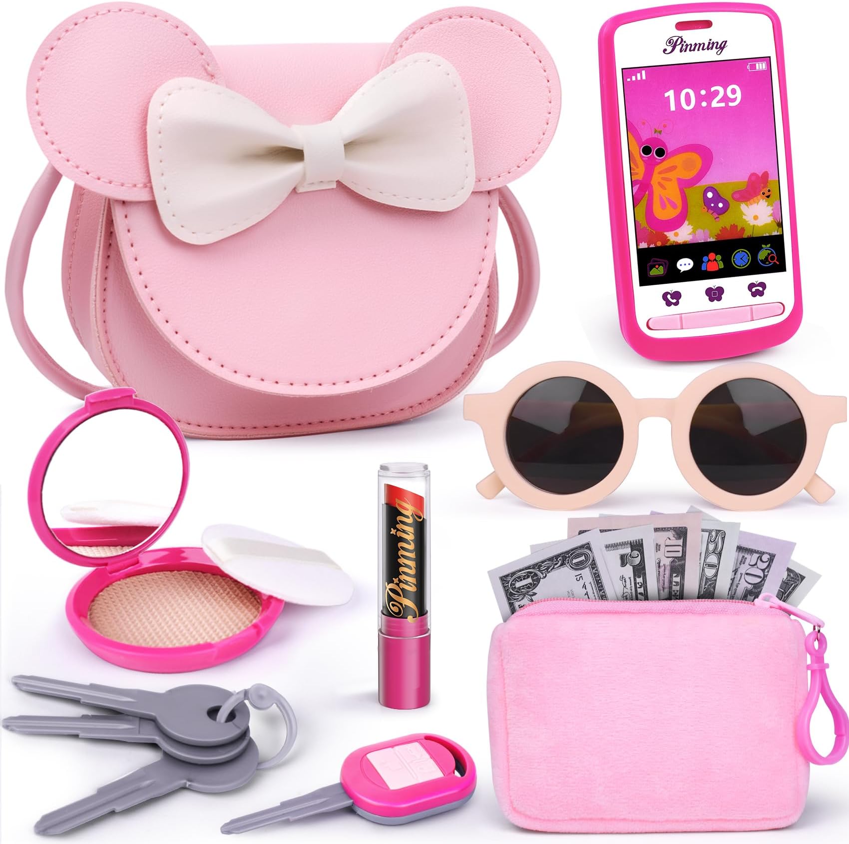 Pretend Play Toddler Girl Purse with Makeup Toys Set, Little Girls Purse Toys for 3 4 5 6 7 Year Old Girl Gifts, Kids Purse for Christmas, Birthday Gifts for Ages 3-5 4-5 6-8 Pink