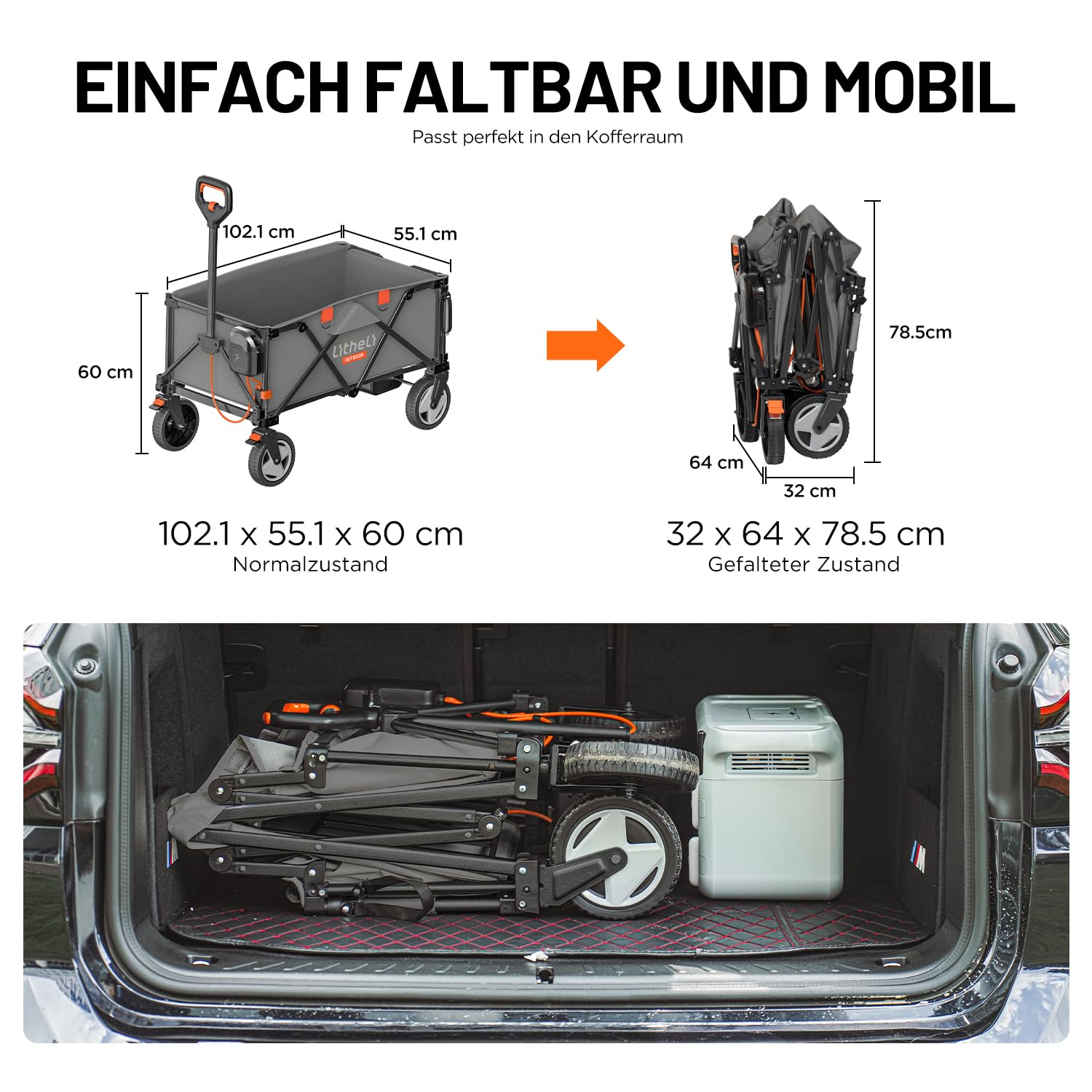 LiTHELi Carrello Elettrico Pieghevole, Carrello a Mano Pieghevole con Motore e Freni, 200L 60KG Adatto per Campeggio, Giardino, Spiaggia, Shopping (Grigio, V140i con 2 Batterie)