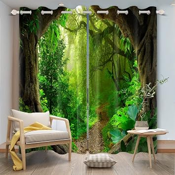 Spring Enchanted Forest Window Curtains Tropical Rainforest Green Jungle Leaves Old Trees Window Drapes 2 Panels Set for Living Room Bedroom Decor Window Treatment, 52x84 Inch