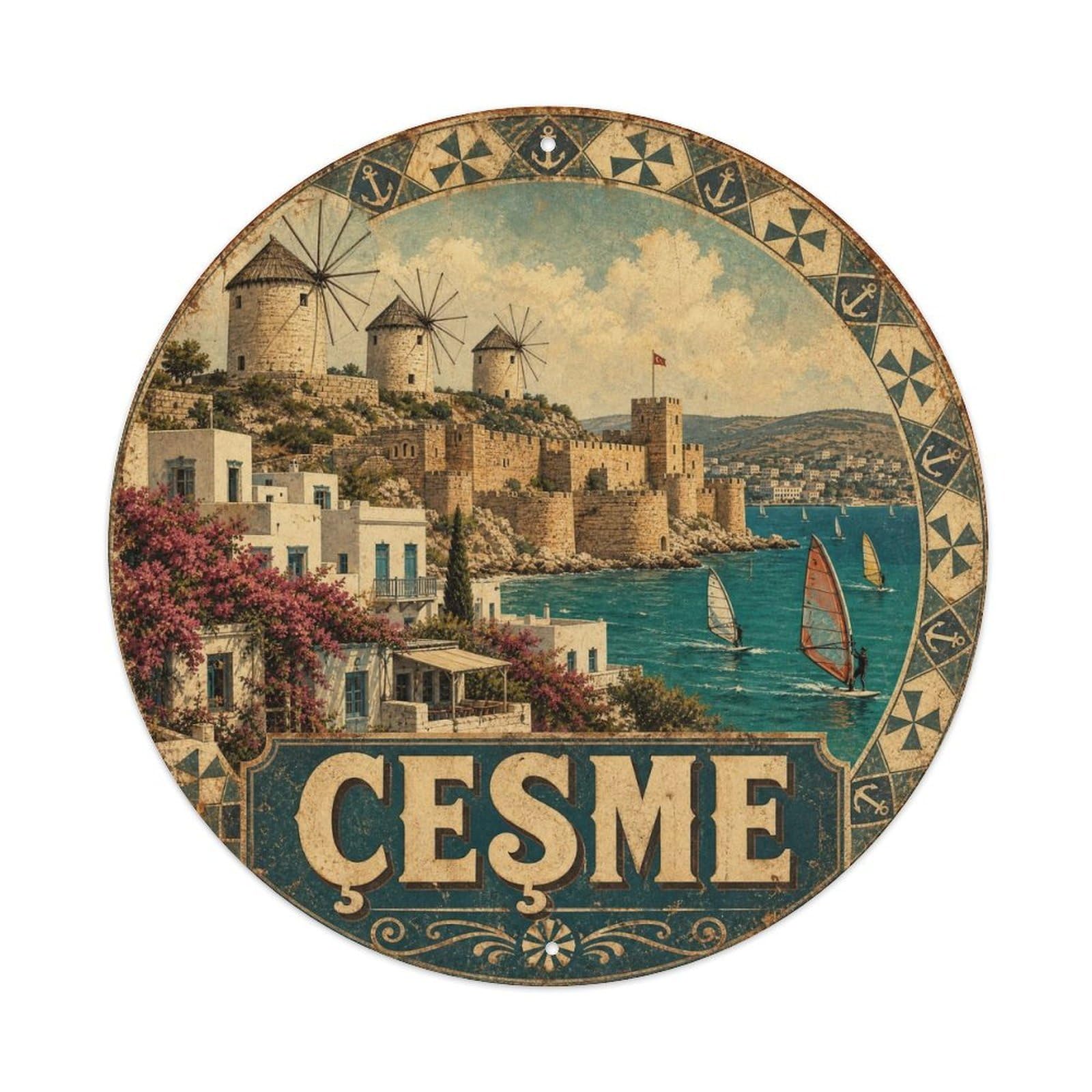 Cesme Windmill Historic Turkey Culture Aged Vintage Metal Tin Sign