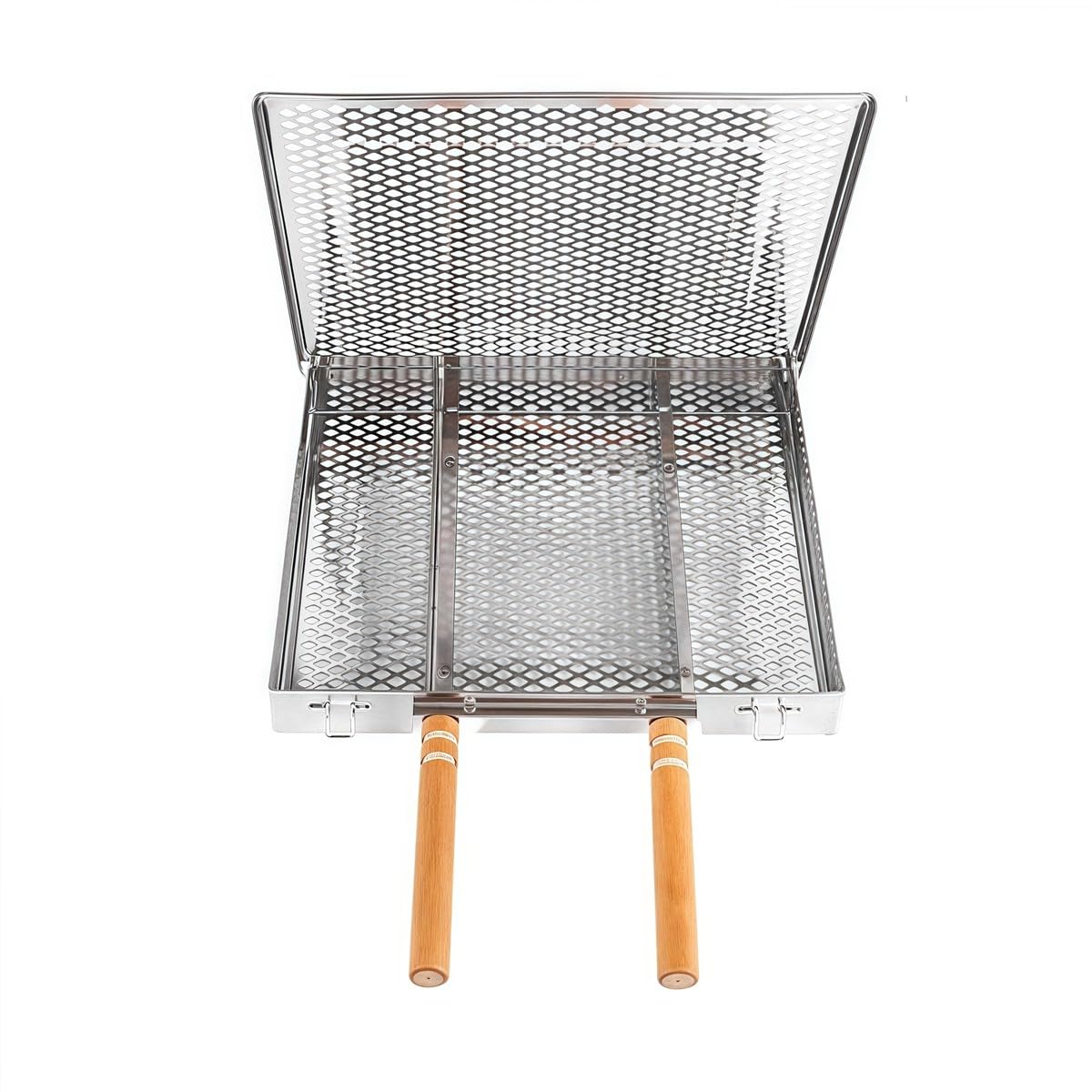 Griglia in acciaio inox con manico rimovibile in legno resistente al calore per pollo, pesce, verdure, 30,5 x 25,5 x 4 cm