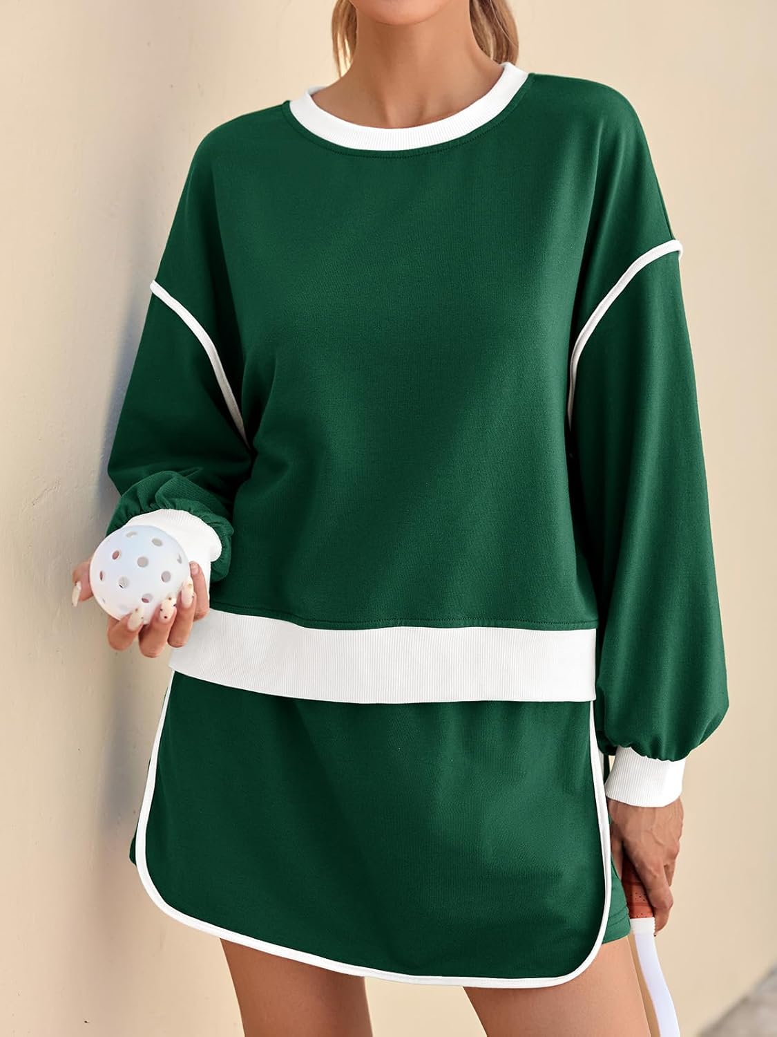 Fisoew Womens Sweatsuits 2 Piece Set Crewneck Sweatshirts High Waisted Skort Skirts Tennis Running Tracksuits Shorts Sets - Image 3