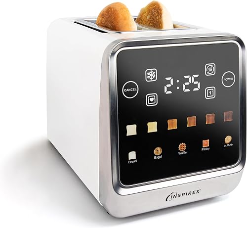 Inspirex Touch Screen Toaster - 2 Extra Wide Slots - 5 Bread Types and 6 Browning Levels - Defrost, Reheat, Favorite, & Single Slot Modes - For Toast, Bagels, & Waffles – White