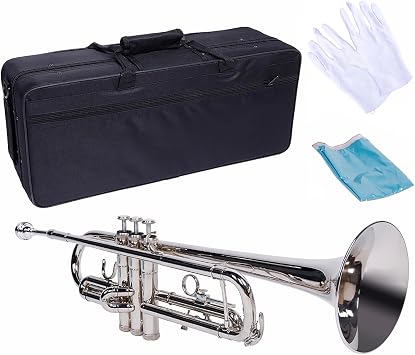 Brass Bb Standard Trumpet Set,Band & Orchestra Musical Instruments for Beginners or Advanced Students,Nickel Plating Trumpet with Trumpet Case,Mouthpiece and Gloves,Christmas Birthday Gift,Silver
