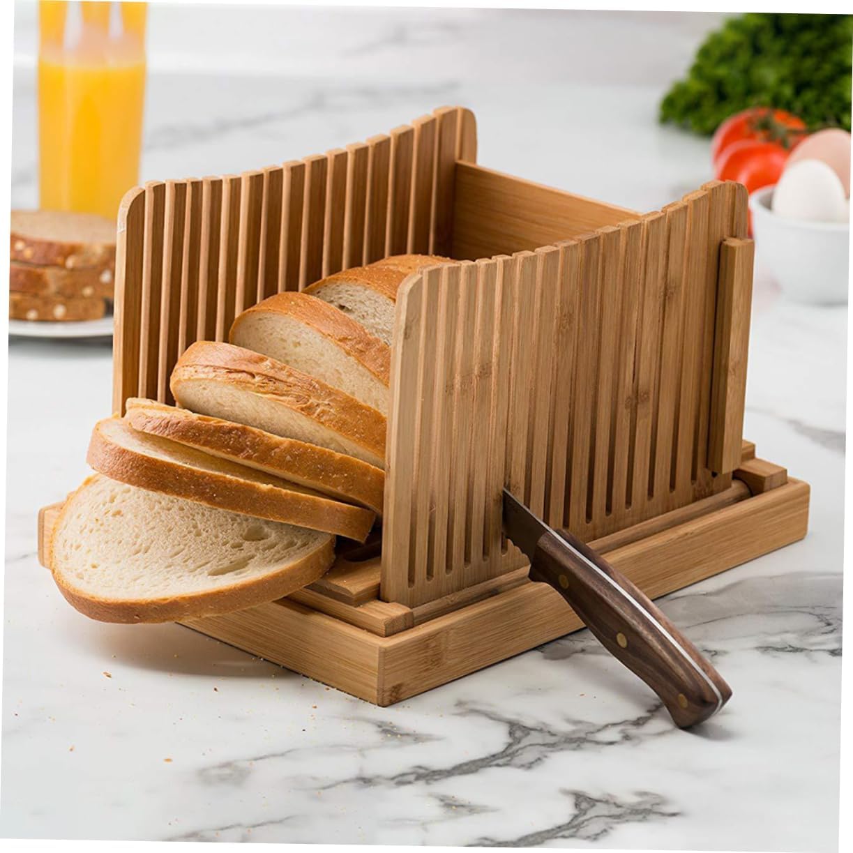 Bamboo Bread Slicer Crumb Tray Adjustable Loaf Cutter for Homemade Bread Toast Slicing Brown Easy to Use for Sandwiches and Bagels