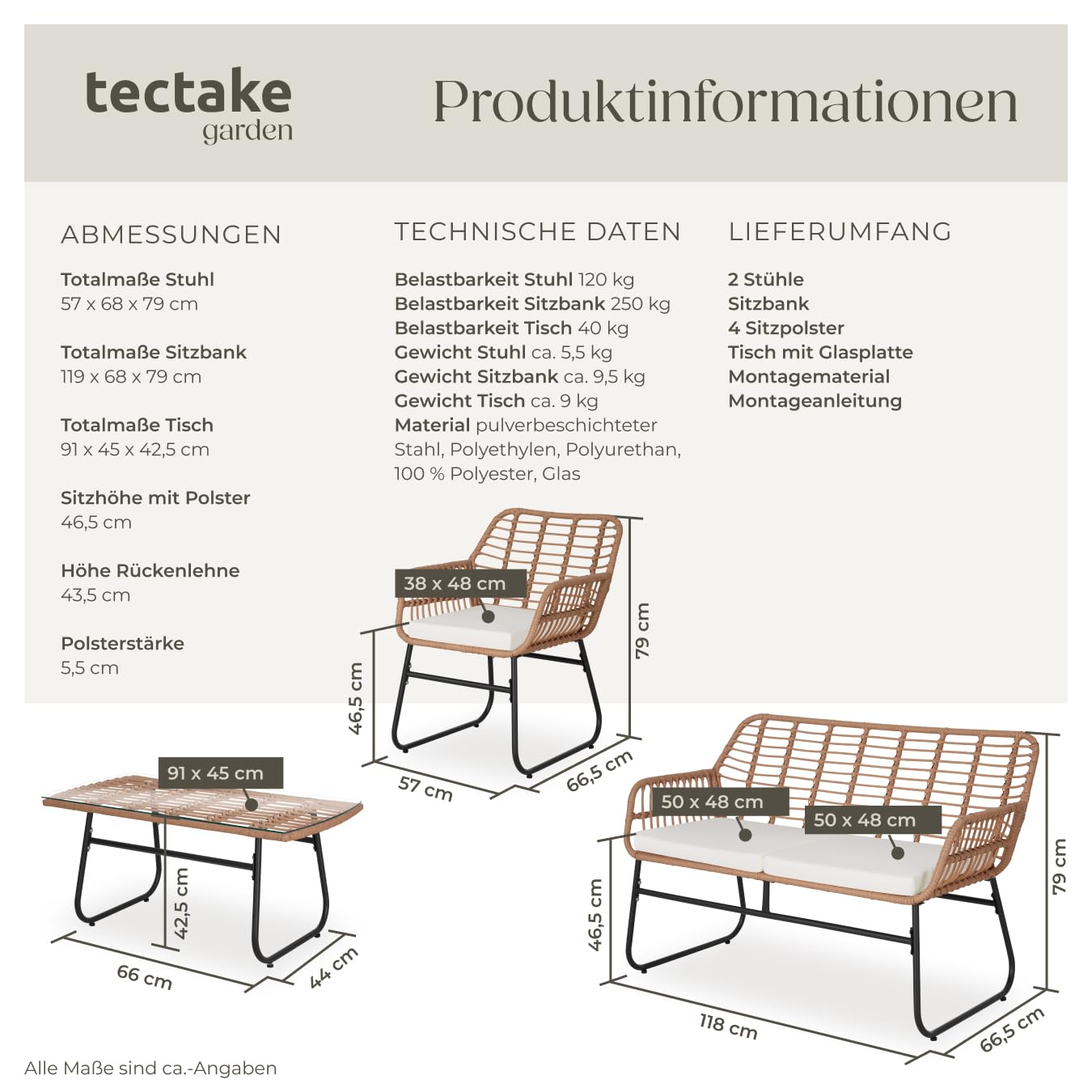 tectake® Outdoor Rattan Sitzgruppe, Möbel, Balkonmöbel, Gartenmöbel Set mit 1x Gartenbank, 2X Stühle + Tisch, Balkonmöbelset für Garten, Terrasse, Balkon - Natur
