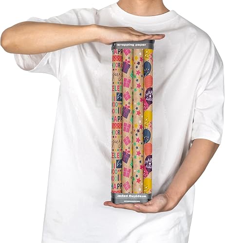 Miniatura 8 de RUSPEPA Rollos de papel de regalo de papel kraft de cumpleaños, mini rollo, 17 pulgadas x 10 pies por rollo, total de 4 rollos, globo colorido de