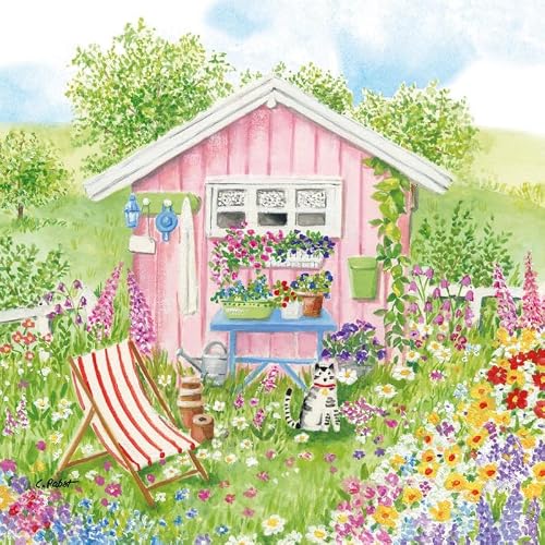 Lot de 20 serviettes en papier avec motif maison de vacances nature avec jardin pour décoration de table Convient également pour découpage et découpage 33 x 33 cm