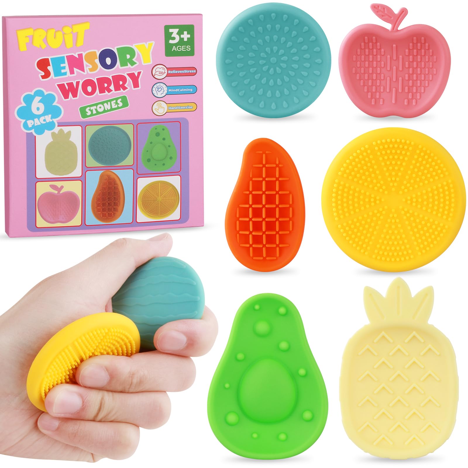 6 PCS Fruit Fidget Toys Sensory Stone for Kids Adults, Textured Soft Sensory Worry Stone Fidget Toy for Autism, Silicone Fidget Toys Worry Stone Travel Toy for Students Anxiety Relief