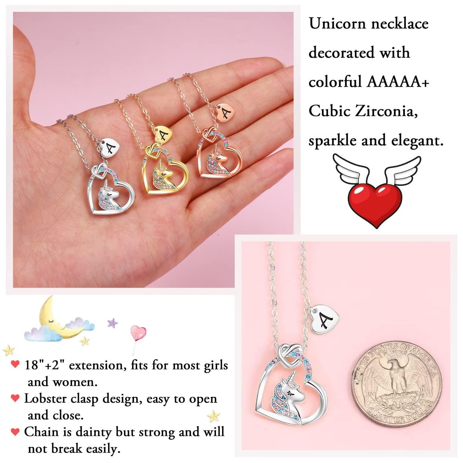TINGN Collier Licorne Plaqué Or Rose 14 Carats - Pendentif Coeur Initiales CZ pour Filles - Cadeau d'Anniversaire Bijoux pour Femmes