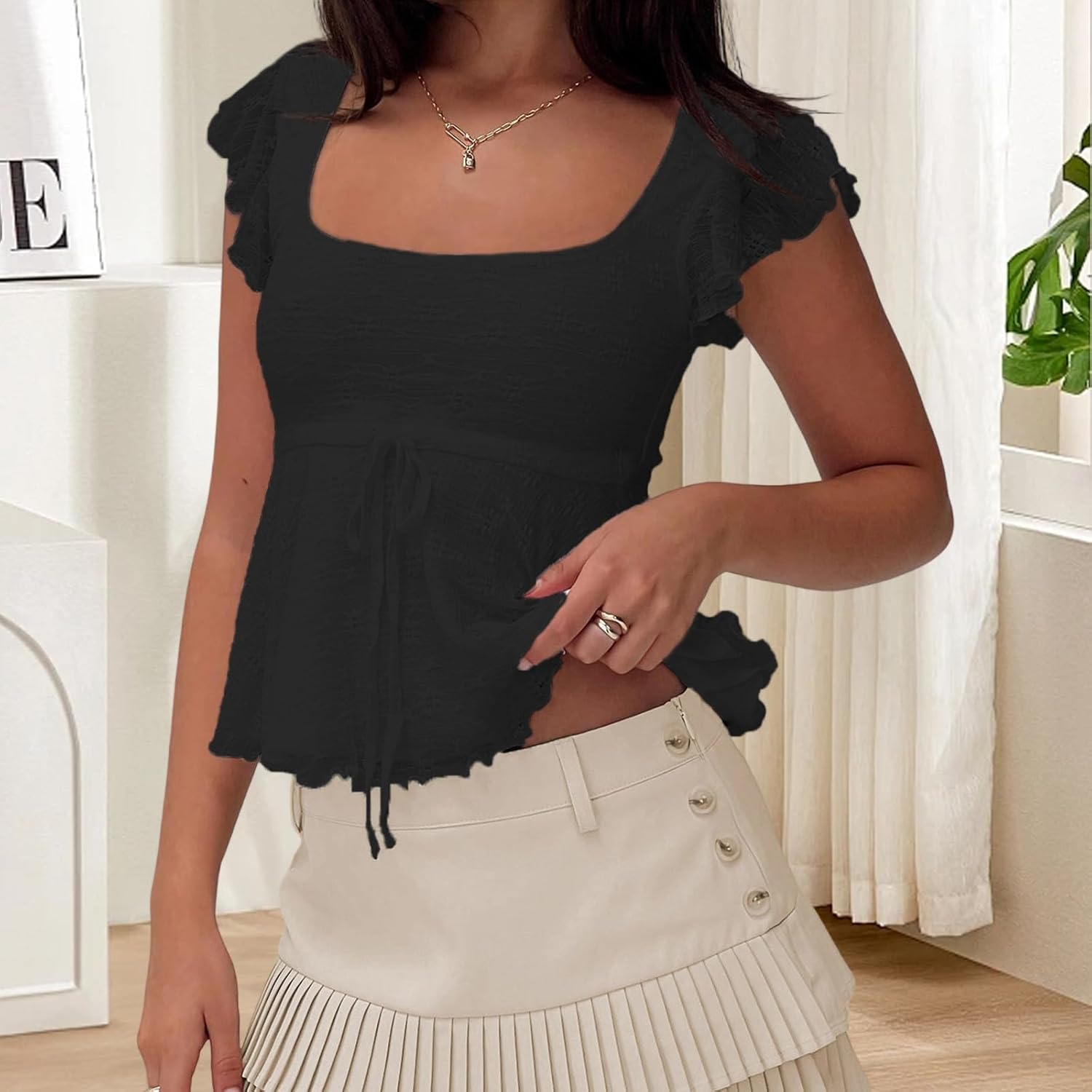 Women Flowy Babydoll Tops Ruffle Sleeveless Square Neck Tie Front Summer Going Out Frill Lace Tops for Teens - Image 3