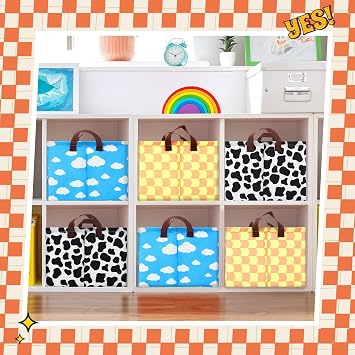 3 Pack Storage Baskets Waterproof Canvas with Leather Handles Storage Bins Basket Organizer Collapsible for Closet Clothes Room Decor(Black, Yellow, Blue,Cartoon)
