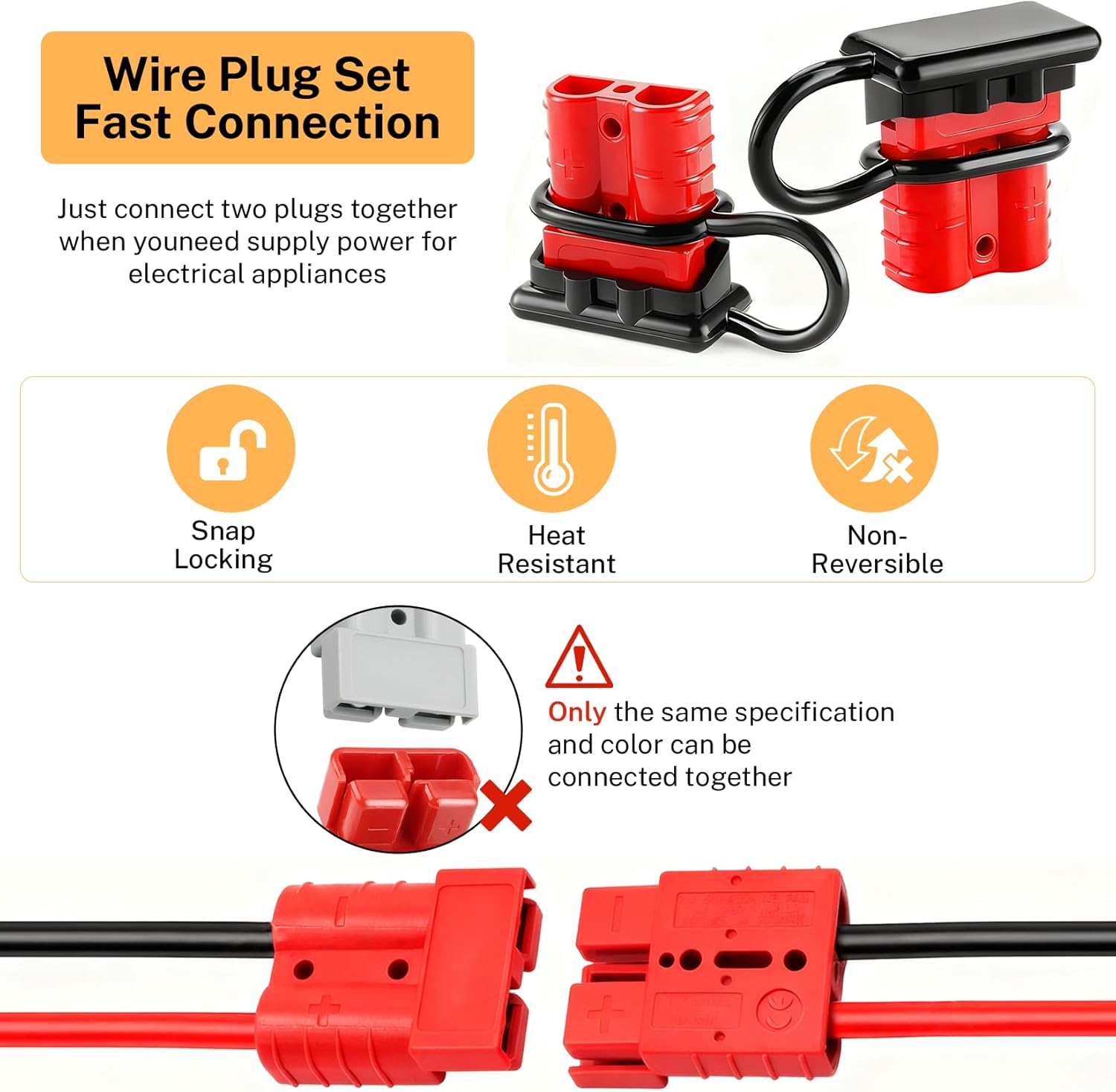175A Red Battery Quick Connect/Disconnect, Wire Harness Plug Kit with Dust Covers, Compatible with Anderson Connector, 2 AWG for Car/Forklift/Rescue Winch/Trailer/Traction System