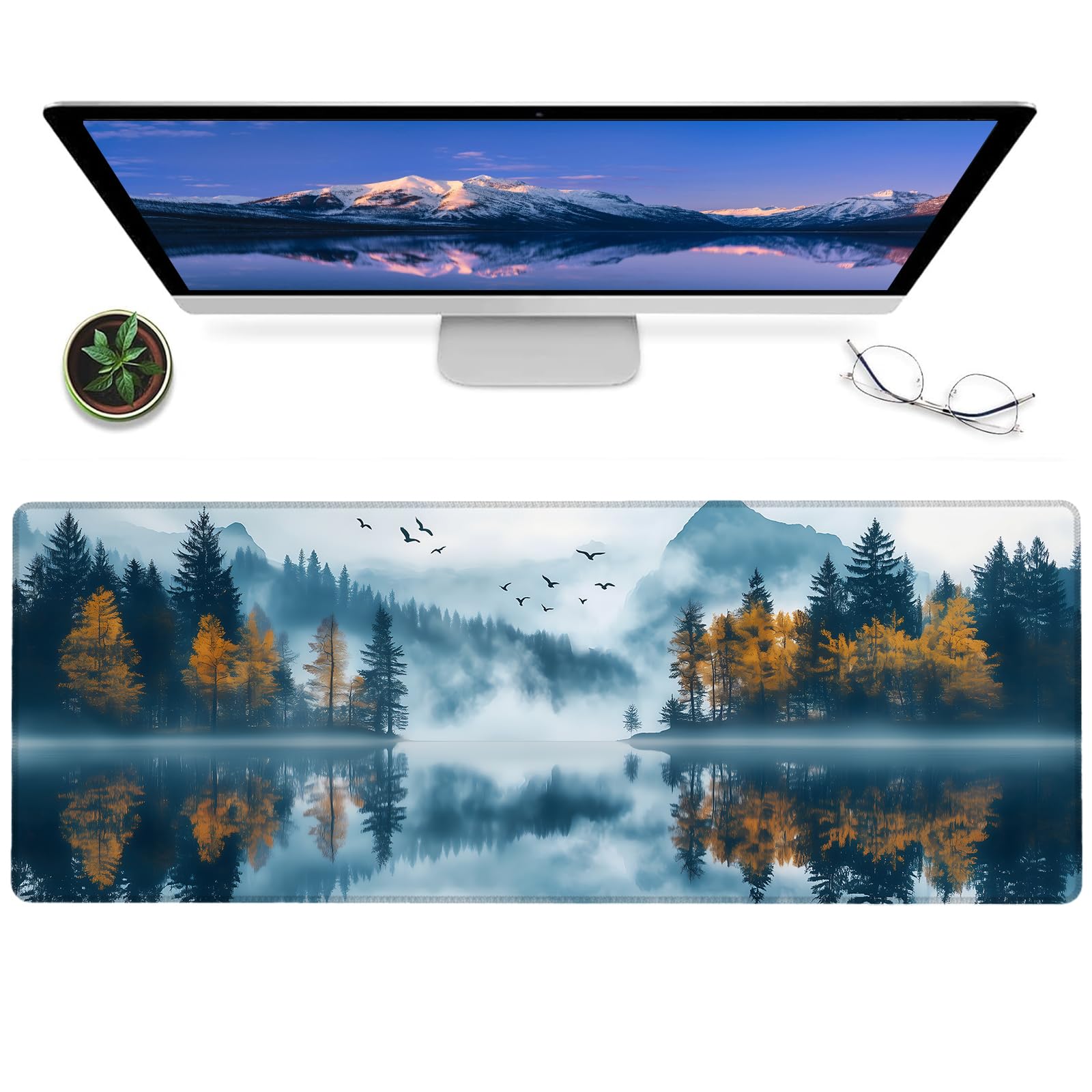 ainori Mountain Lake Gaming Mouse Pad – 12x31.5in Non-Slip Rubber Desk Mat with Autumn Forest Misty Landscape Design – Large Extended Mousepad for