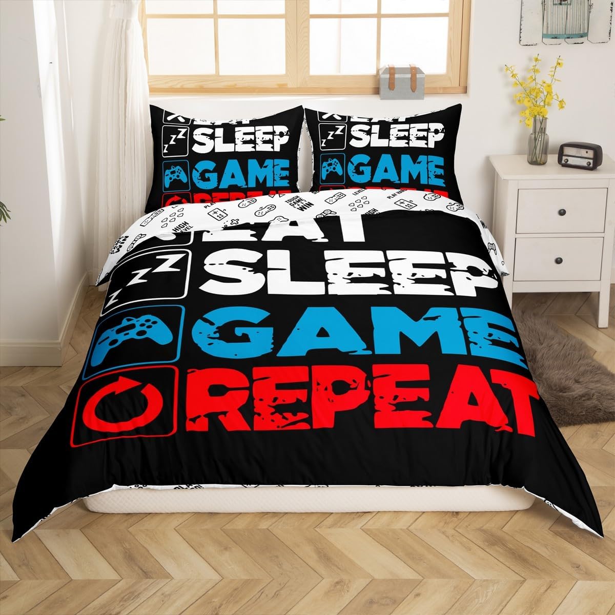 Video Games Duvet Cover Set Toddler Size,Modern Gamer Bedding Set for Kids Boys Girls Room Decor,Game Controller Comforter Cover,Red Blue Black Quilt Cover with 1 Pillowcase(No Comforter)