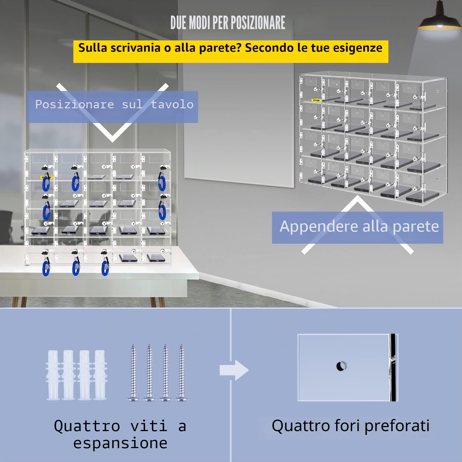 VEVOR Armadietto per Cellulare con 20 Scompartimenti Materiale Acrilico con Serrature e Chiavi, Armadietto da Parete per Ufficio Aula Palestra, Cassetta Deposito Oggetti, Acrilico Trasparente