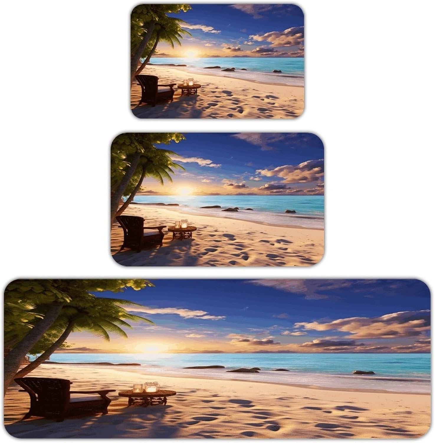 Romantic Beach Kitchen Rugs Sets of 3 Washable Non Slip Kitchen Rug Water Resistant Carpet Piece Anti Fatigue Kitchen Mats Soft Comfort Standing Mat Modern Area Rug
