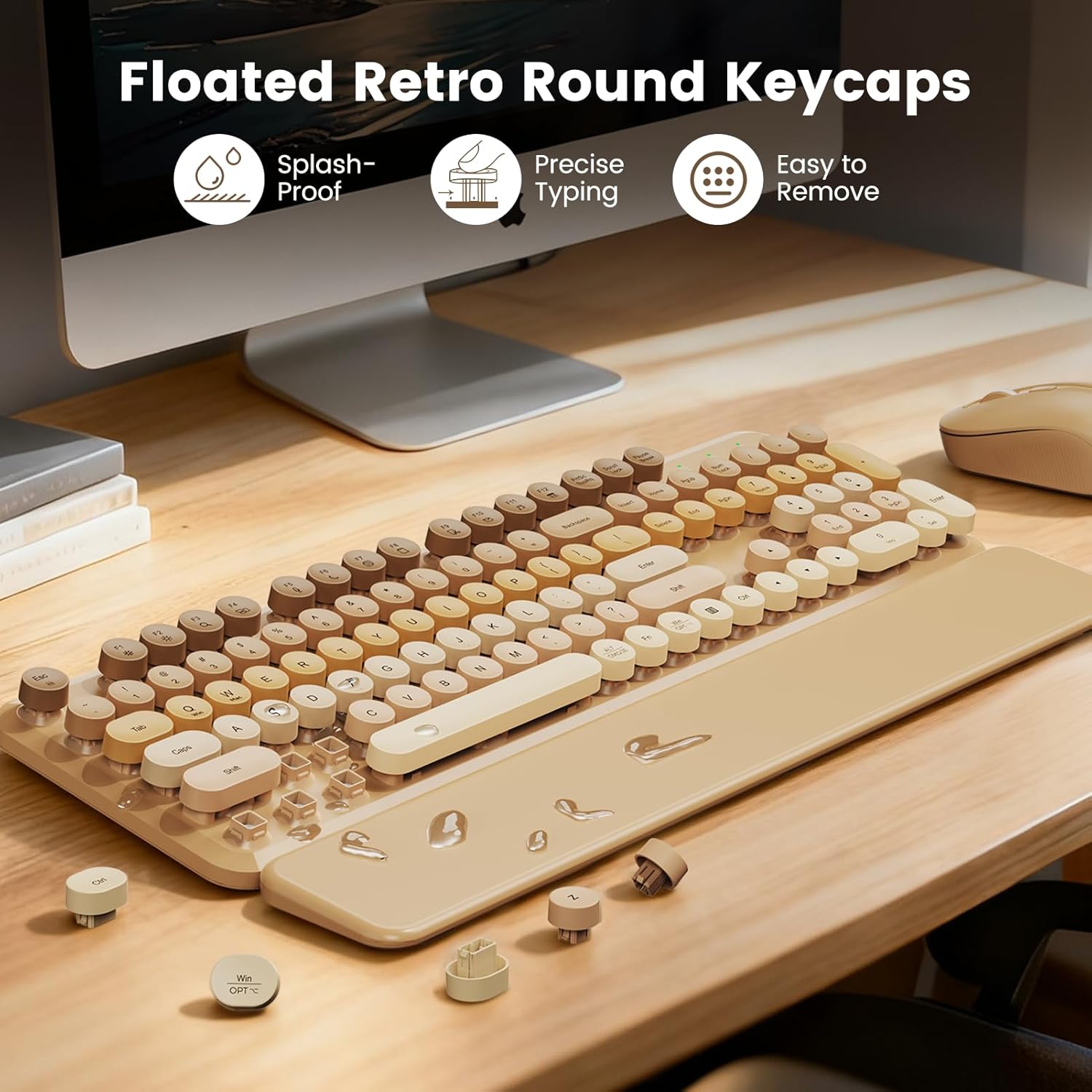 Wireless Keyboard and Mouse Combo, Cute Retro Typewriter Keyboard with Round Keycaps, Full-Size Aesthetic Keyboard with Magnetic Wrist Rest, 2.4GHz USB for Windows/Mac Desktop Laptop (Latte Gradient)