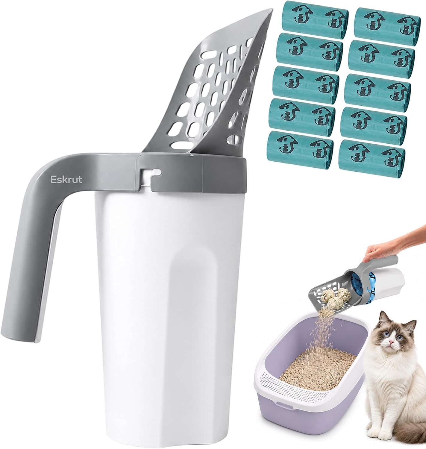 3 in 1 Cat Scoop Integrated Shovel Bucket Litter Scooper with Holder Bag