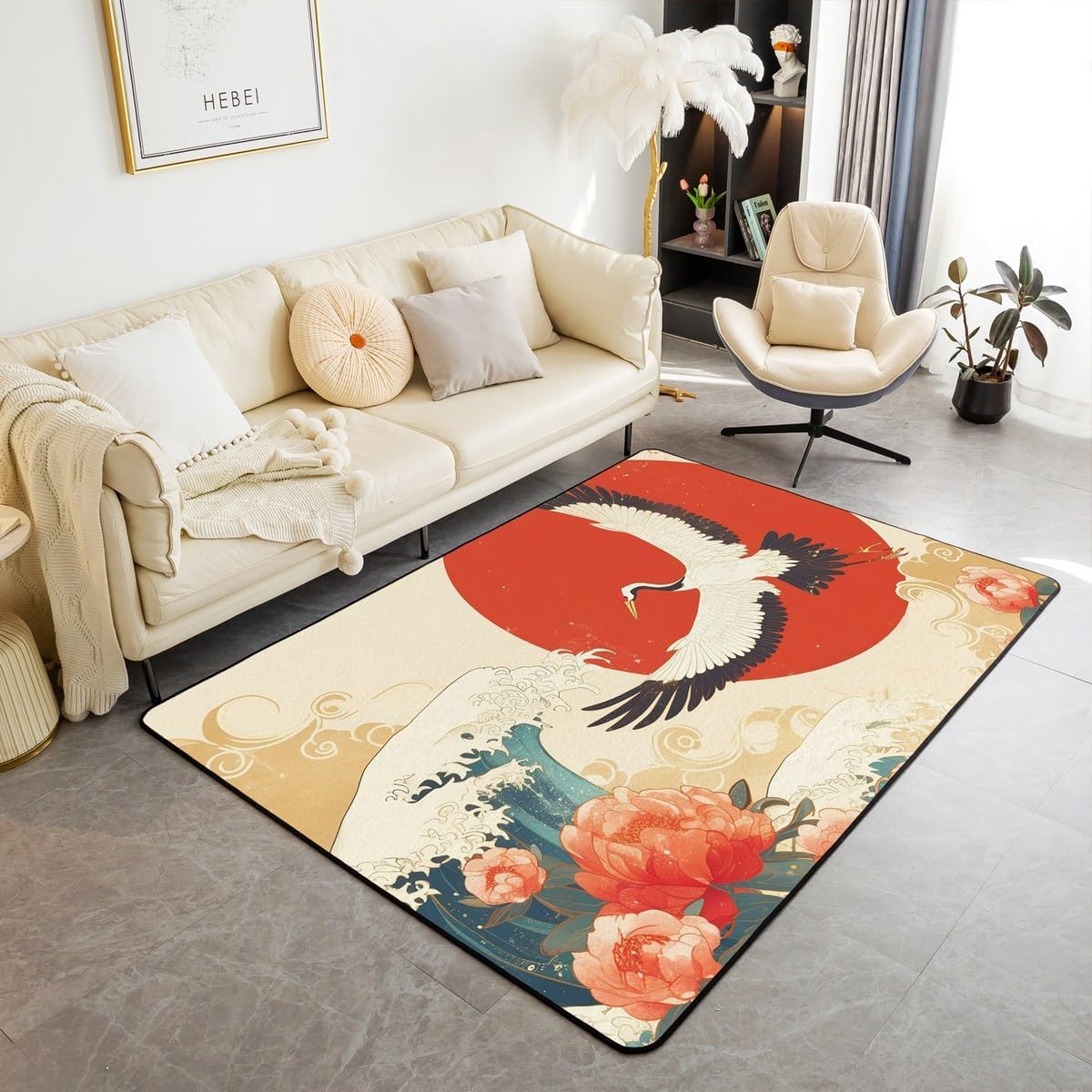Erosebridal Japanese Crane Living Room Rugs 3x5,Oriental Asian Style Retro Flower Area Rug for Girls Women Room Decor,Ocean Wave Carpet Non Slip,Ukiyo-E Flowers Indoor Floor Mat Home Dorm Decor