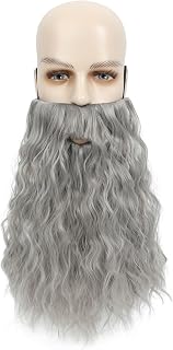 Men Long Curly Wizard Beard with Elastic Band, Old Man Fake Long Beard Costume for Theater Cosplay, Halloween and Christmas Party (Grey)