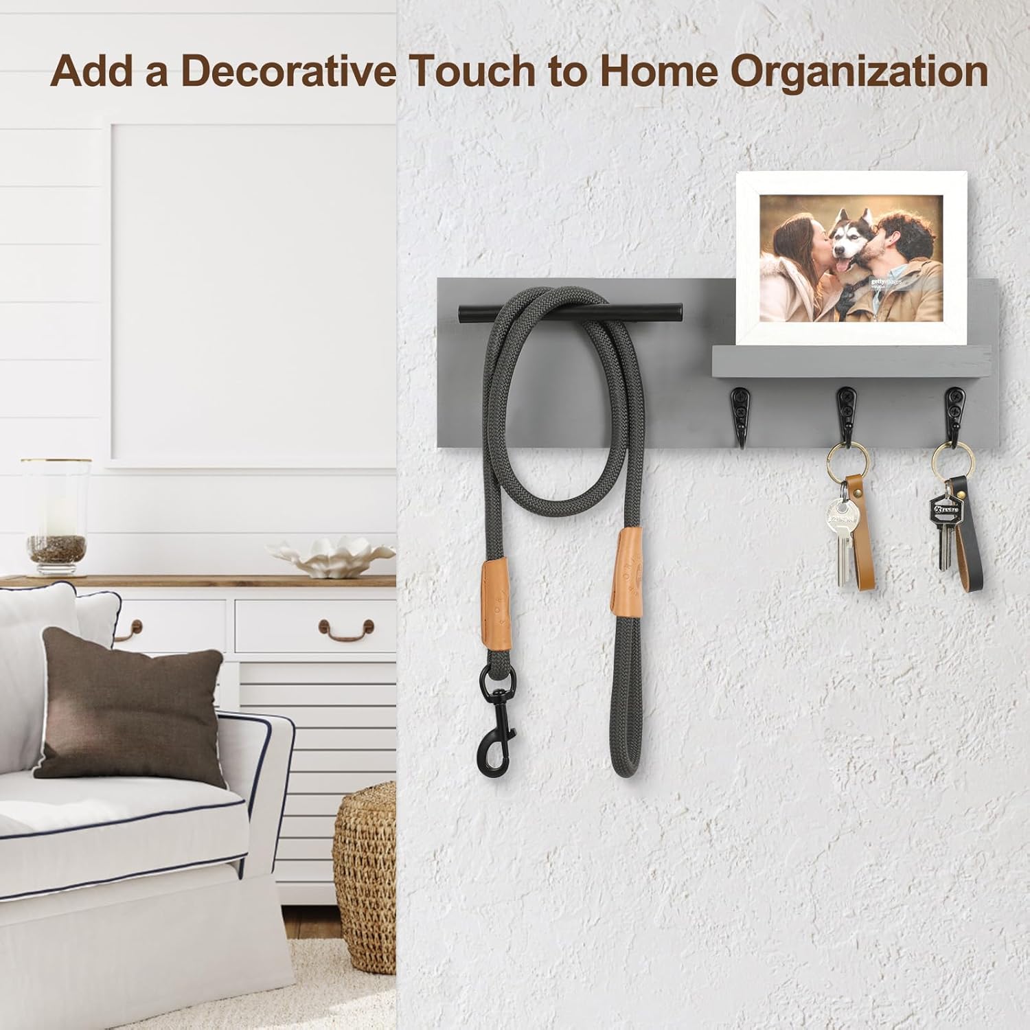 Key Holder for Wall Mount Set (11.81'' Black Key Holder with 5 Hooks & 15'' Gray Key Holder with Handle)